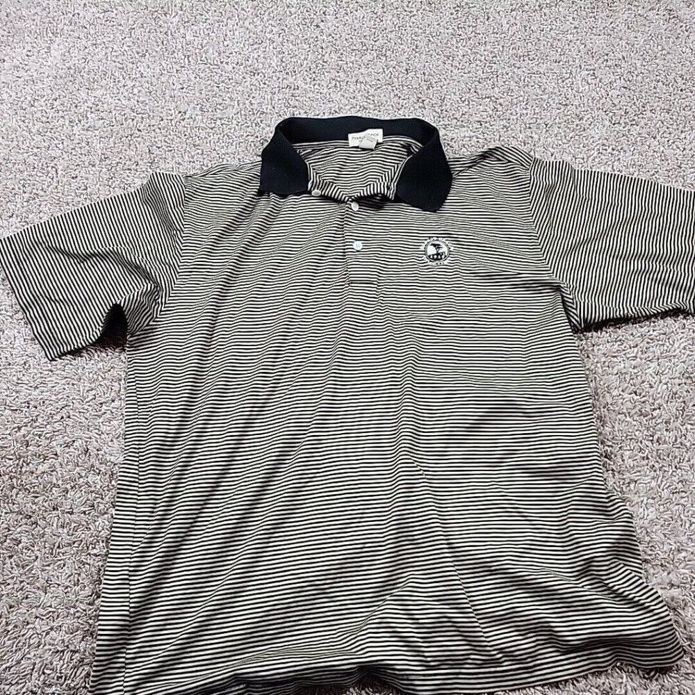 Pebble Beach Golf Links Polo Shirt Mens XL Classic Biege Black Striped Flaw*